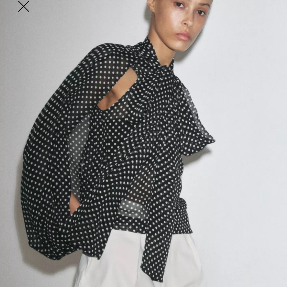 NWT Zara Black and White Polka Dot Cape Blouse with round neckline and ties.